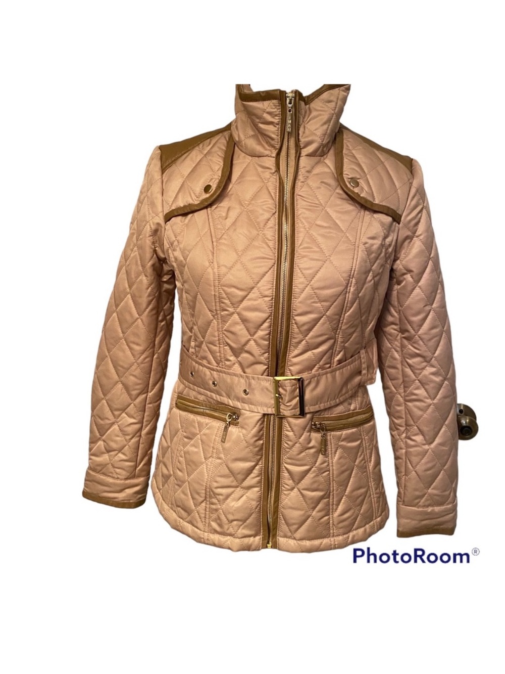 IMAN JACKET COAT BELTED TAN QUILTED ZIP FRONT LEATHER TRIM POCKETS SIZE S